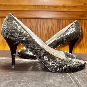Guess Women's Peep Toe Pumps Silver Glitter Stilleto Heels - Size 10
